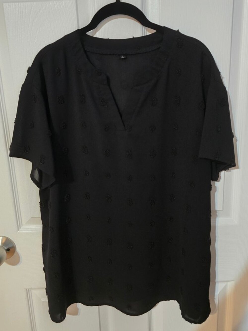 Black Pom Pom Swiss Dot Chiffon Blouse V Neck Short Sleeve - Large